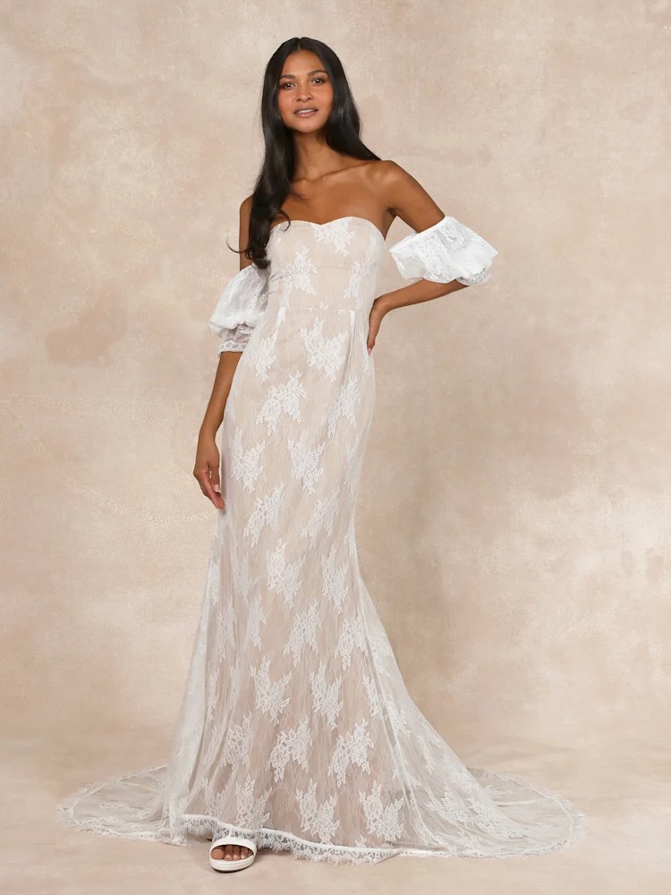 Lulu's Loving Beauty White Lace Puff Sleeve Off-The-Shoulder Maxi Dress Size M